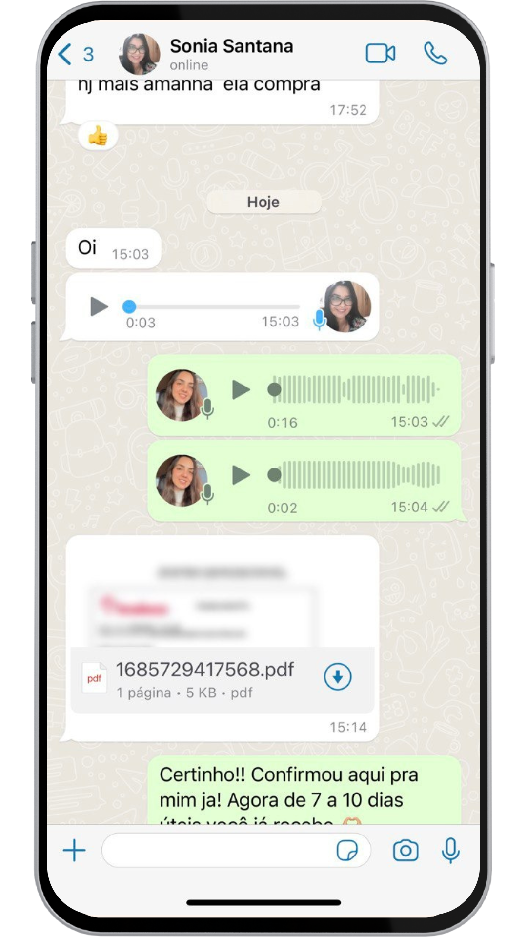 Print de conversa no WhatsApp com a cliente Sonia Santana, mostrando o envio de um comprovante em PDF e a confirmação do prazo de entrega de 7 a 10 dias úteis para o Sérum Rosa Amazônica.