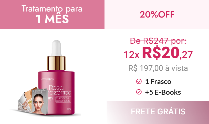 Banner promocional do Sérum Rosa Amazônica: Tratamento para 1 mês com 1 frasco, 5 e-books de bônus, 20% de desconto e frete grátis.