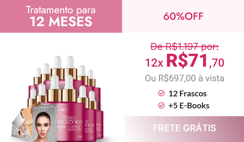 Banner promocional do Sérum Rosa Amazônica: Tratamento para 12 meses com 12 frascos, 5 e-books de brinde, 60% de desconto e frete grátis.