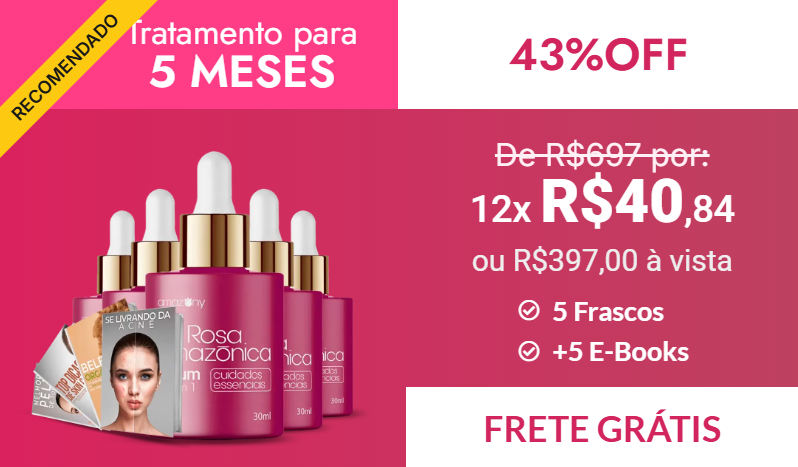 Banner promocional do Sérum Rosa Amazônica: Tratamento para 5 meses com 5 frascos, 5 e-books de brinde, 43% de desconto e frete grátis.