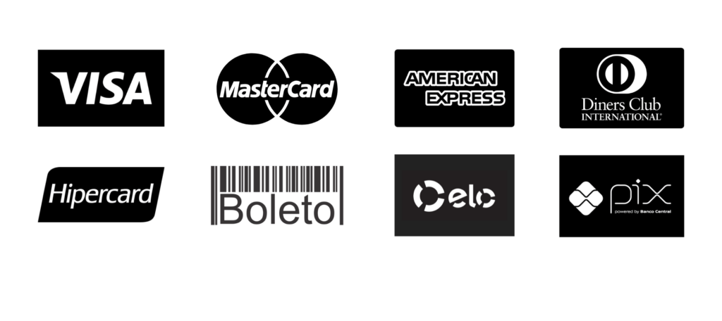 Logotipos das formas de pagamento aceitas: cartões Visa, Mastercard, American Express, Diners Club, Hipercard, Elo, além de Boleto Bancário e PIX. Todos os ícones estão em preto e branco.